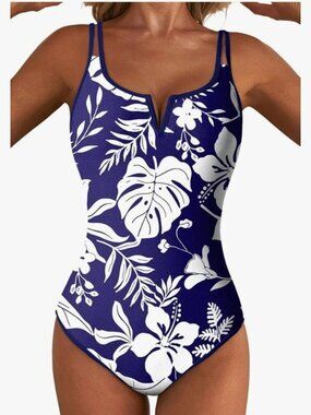Womens Large Tropical Blue Floral V-Neck One-Piece Swimsuit Adjustable Straps